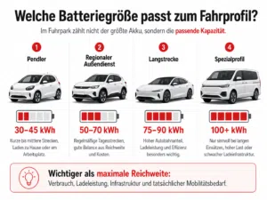 Grafik zu passenden Batteriegrößen von Elektroautos im Fuhrpark nach Fahrprofil